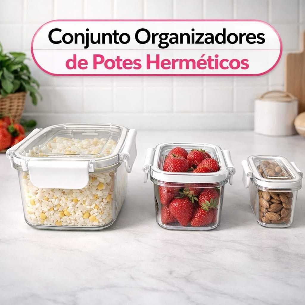 Conjunto 3 Potes Retangular Plástico Organizador de Cozinha com Tampas Hermética 3 Peças Empilháveis