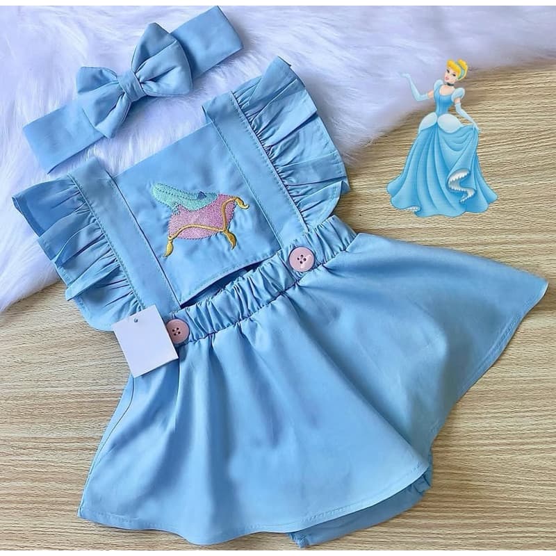 Jardineira Body romper princesa Cinderela Menina Bebe + faixinha de cabelo Infantil Sereia Menina, Bela,Branca de neve