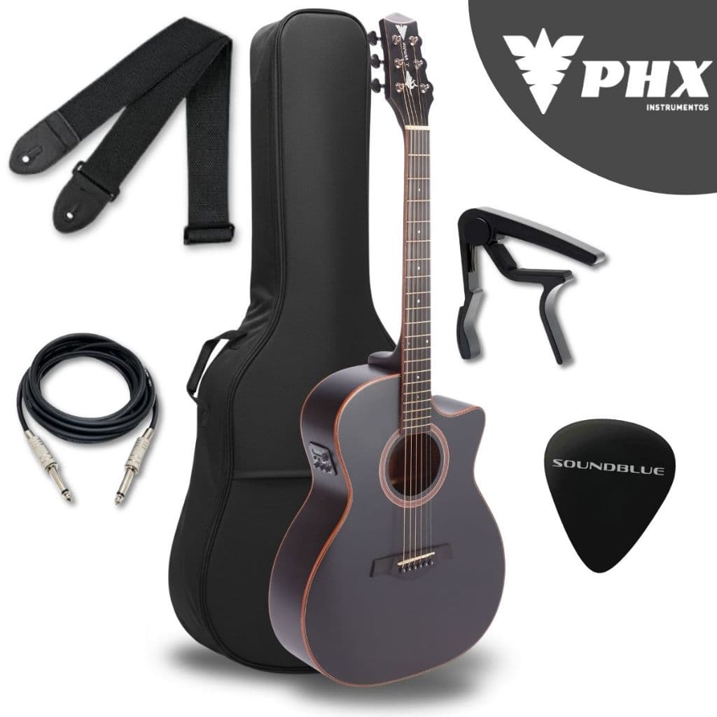 Kit Violao Eletroacustico Fishman Profissional Jumbo Aço Preto Fosco Acetinado Eletrico Acustico Acessorios Completo