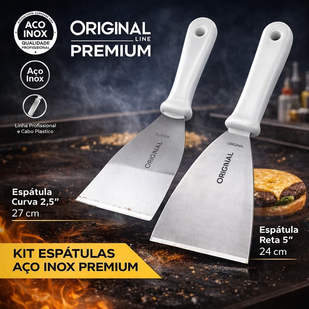 Kit 2 Espátulas Chapa Inox Premium Curva 2,5 + Reta 5 Cabo Anatômico Resistente