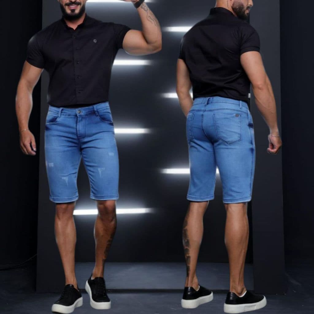 Bermuda Jeans Masculina Lisa Com Lycra Moda Verao Slim fit Com Elastano Direto de Fabrica