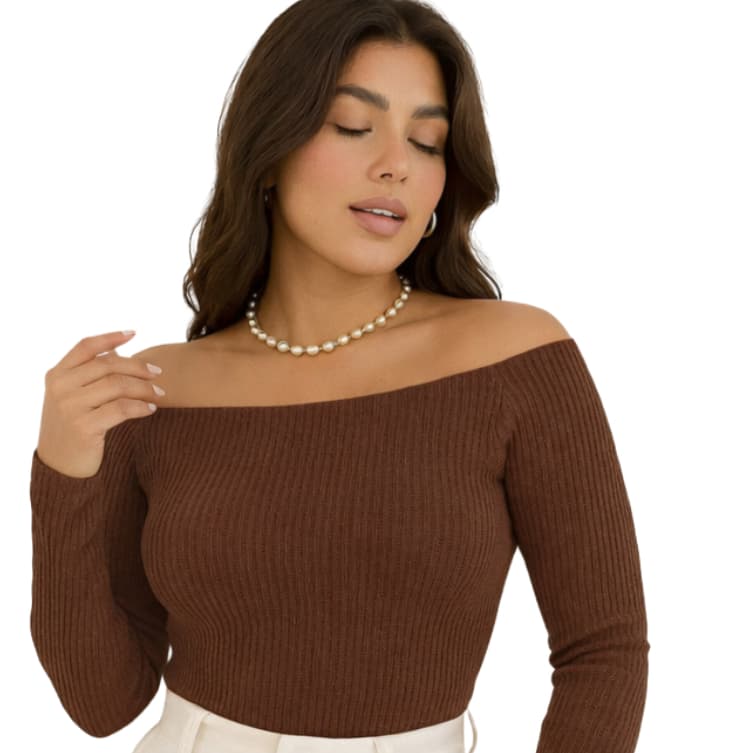 Blusa de Frio Ombro A Ombro Feminina CANELADO Outono Inverno