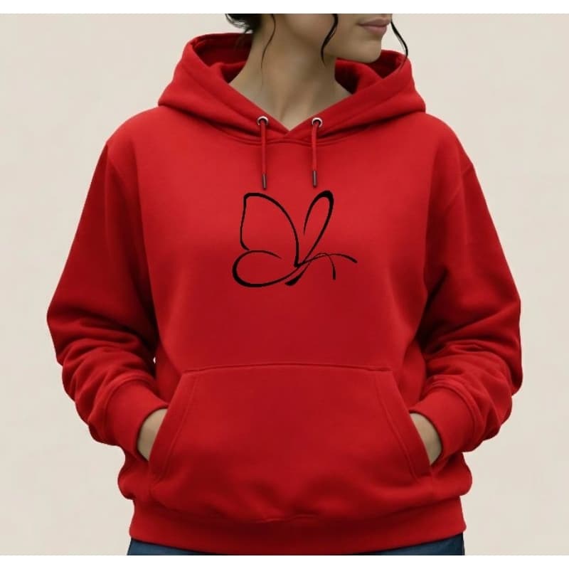 Moletom Feminino Borboleta Minimalista Algodão Com Capuz e Bolso Casaco Inverno Fashion