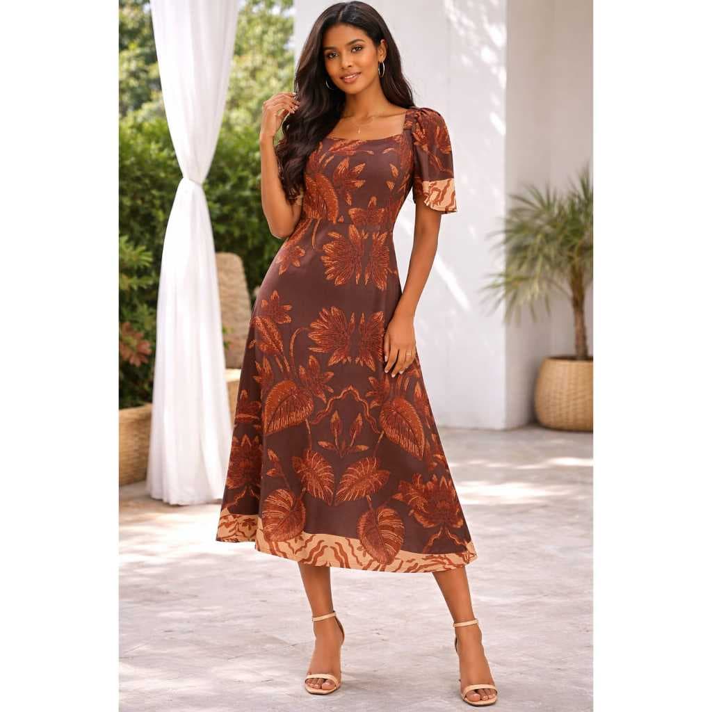 Vestido Midi Estampado Floral Marrom Feminino
