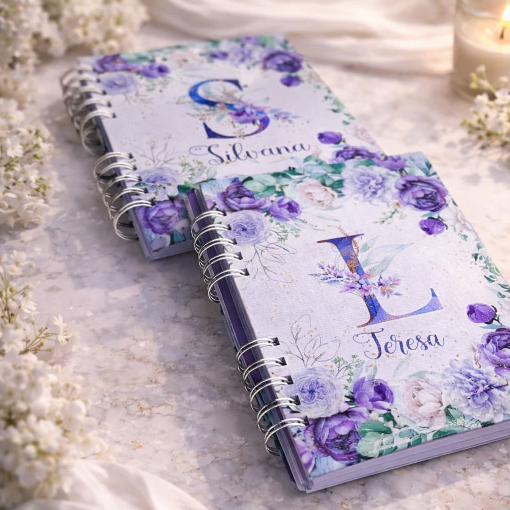 Caderno personalizado floral Roxo lilás tamanho A5 100folhas holografico