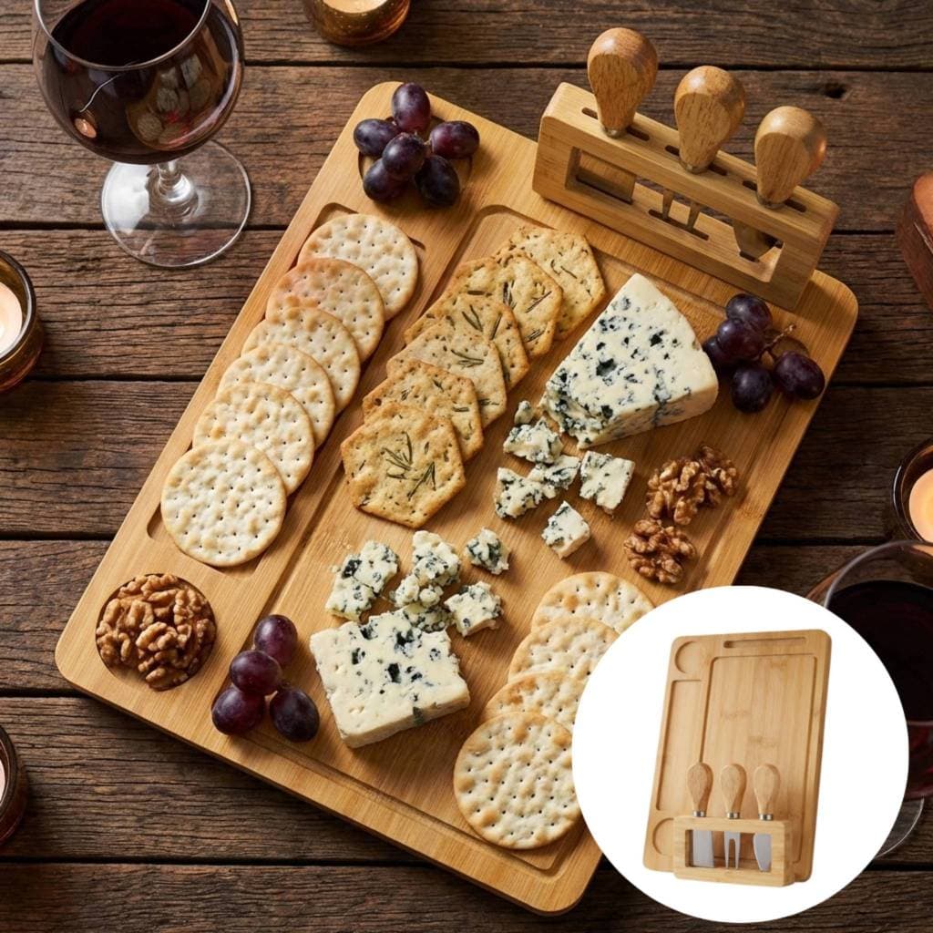 Kit Tabua Queijos Bambu Natural Quadrada 3 Facas Conjunto Petisqueira Servir Frios Gourmet Mesa Posta