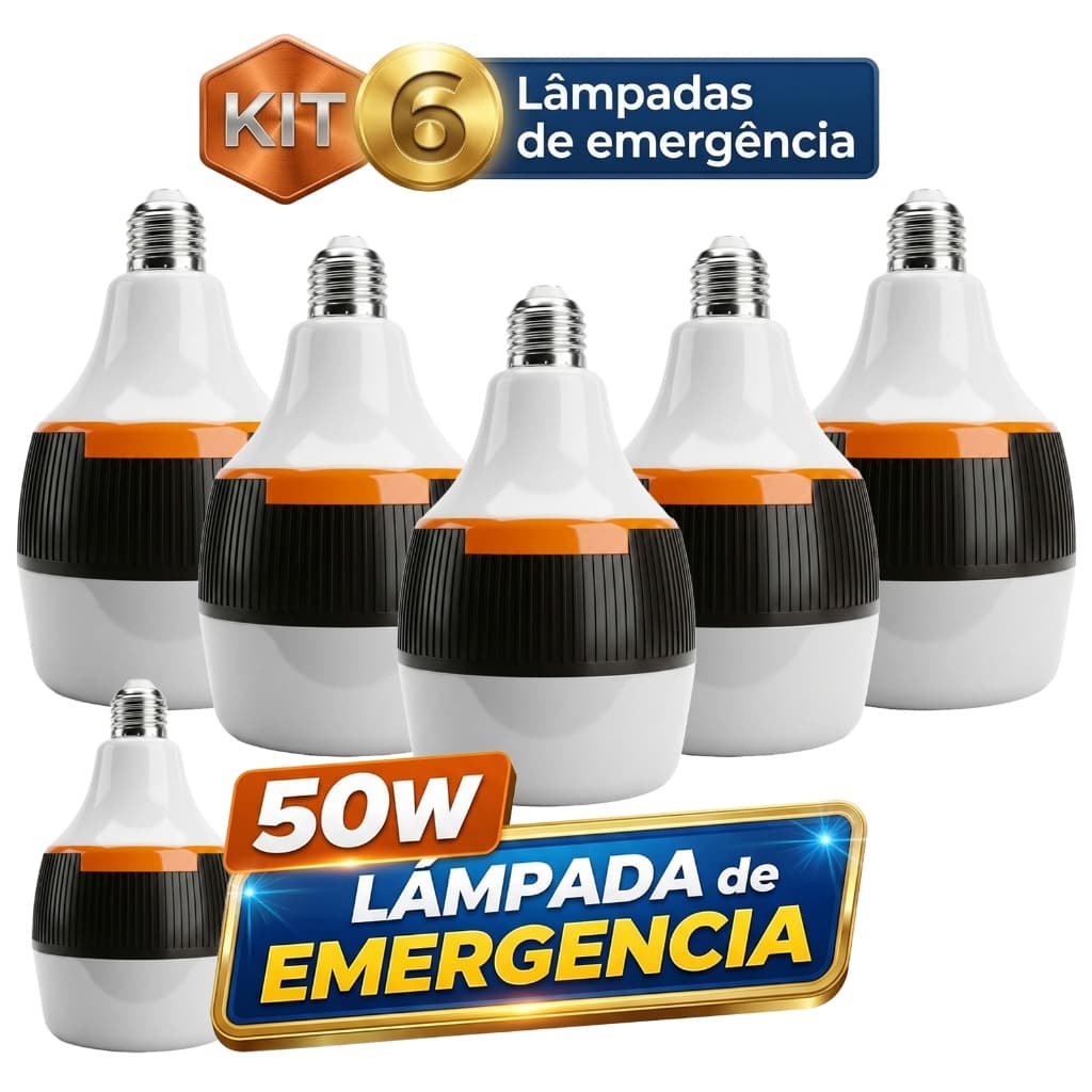 Kit 3/6 Lâmpada De Emergência LED Recarregável 50W Bivolt E27 Acende Sem Energia 6h Acampamento