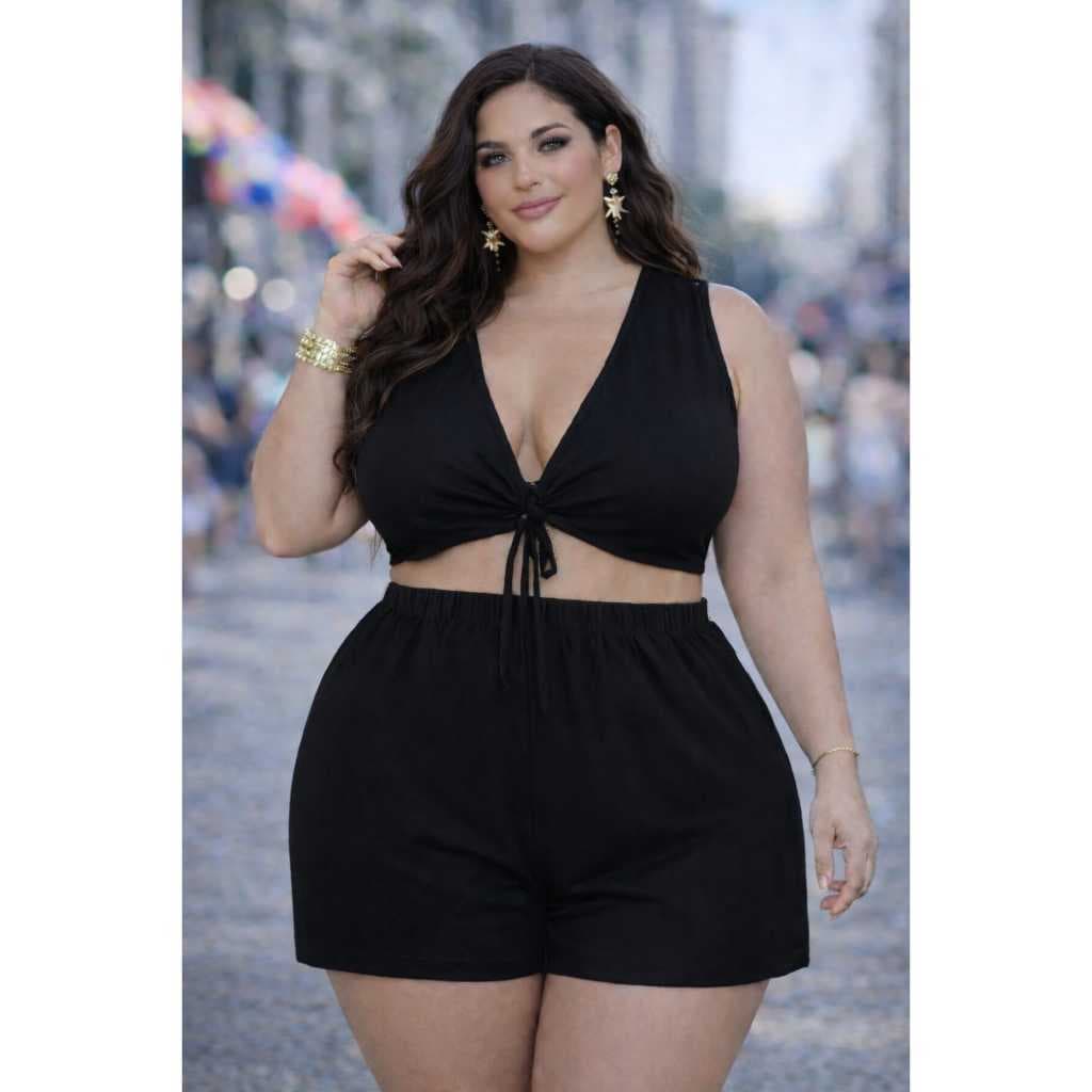 Conjunto Preto Plus Size Cropped e Short Feminino Verão