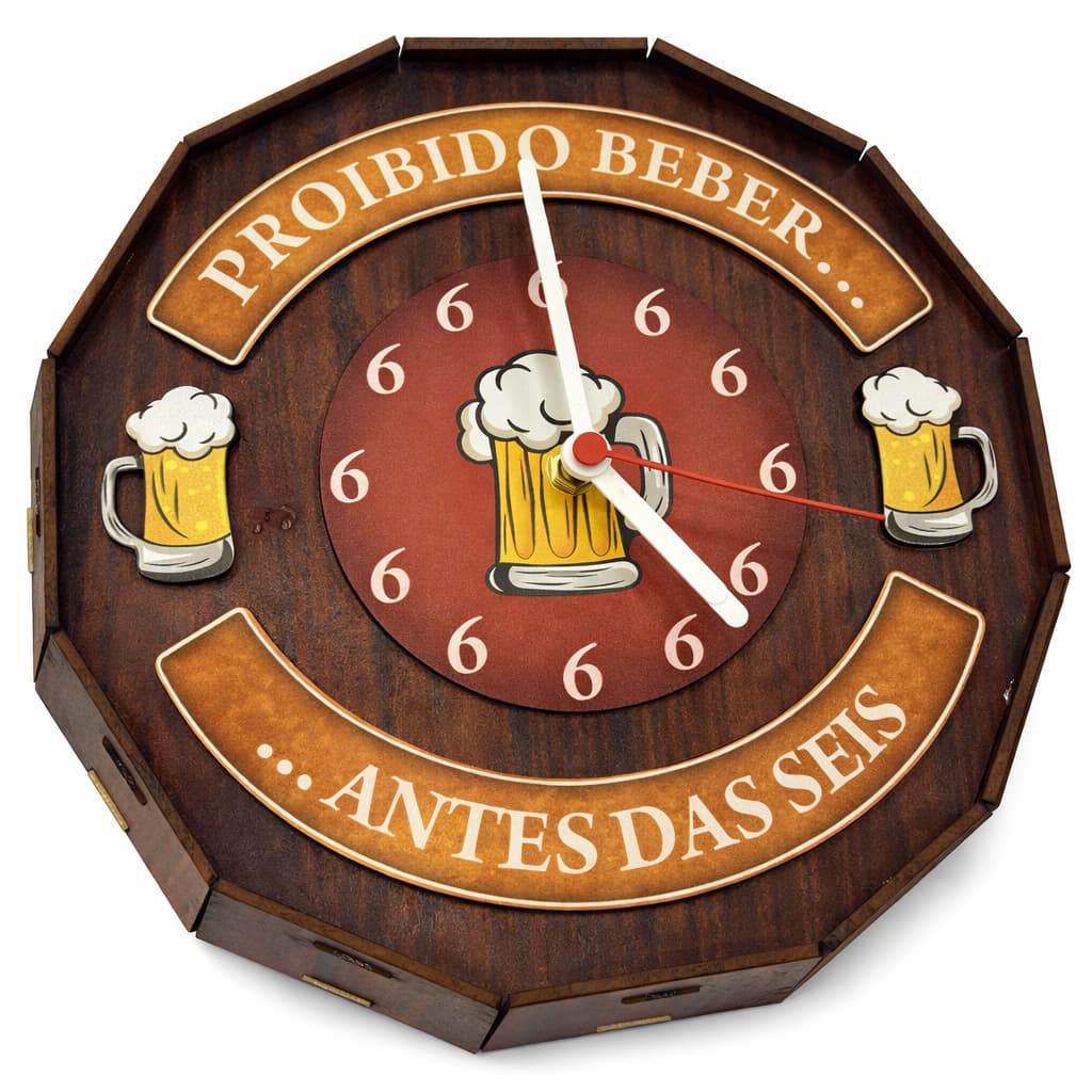 Relógio Decorativo Tampa de Barril Amadeirado Proibido Beber Antes das Sei