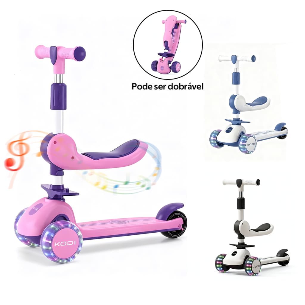 Patinete infantil 3 em 1 dobrável com LED e música suporta até 100 kg P15