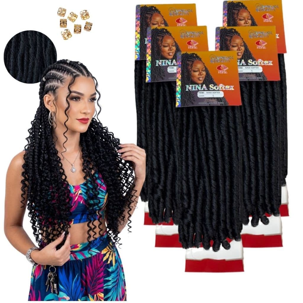 Kit 5 Nina Softex African Beauty Cabelo Sintetico Cacheado + Anéis