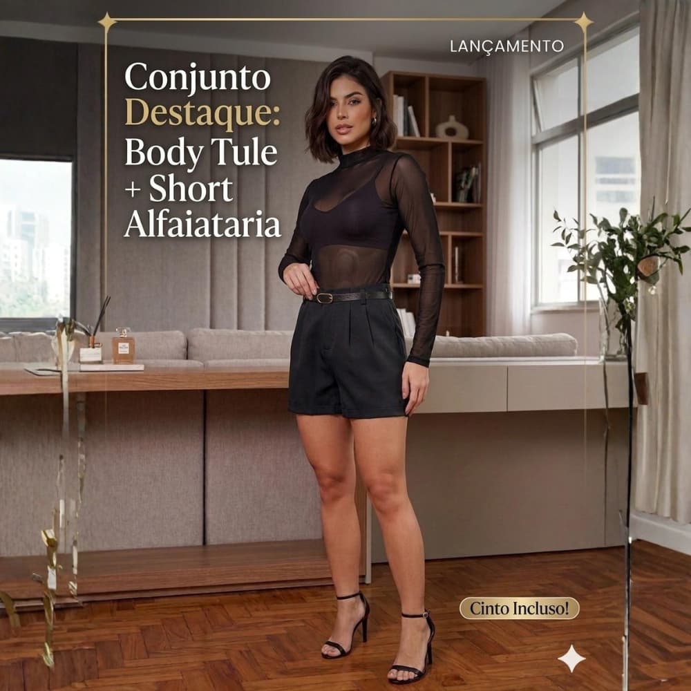 Conjunto Bory Body Tule Manga Longa + Short Alfaiataria Cintura Alta Com Cinto Moda Inverno