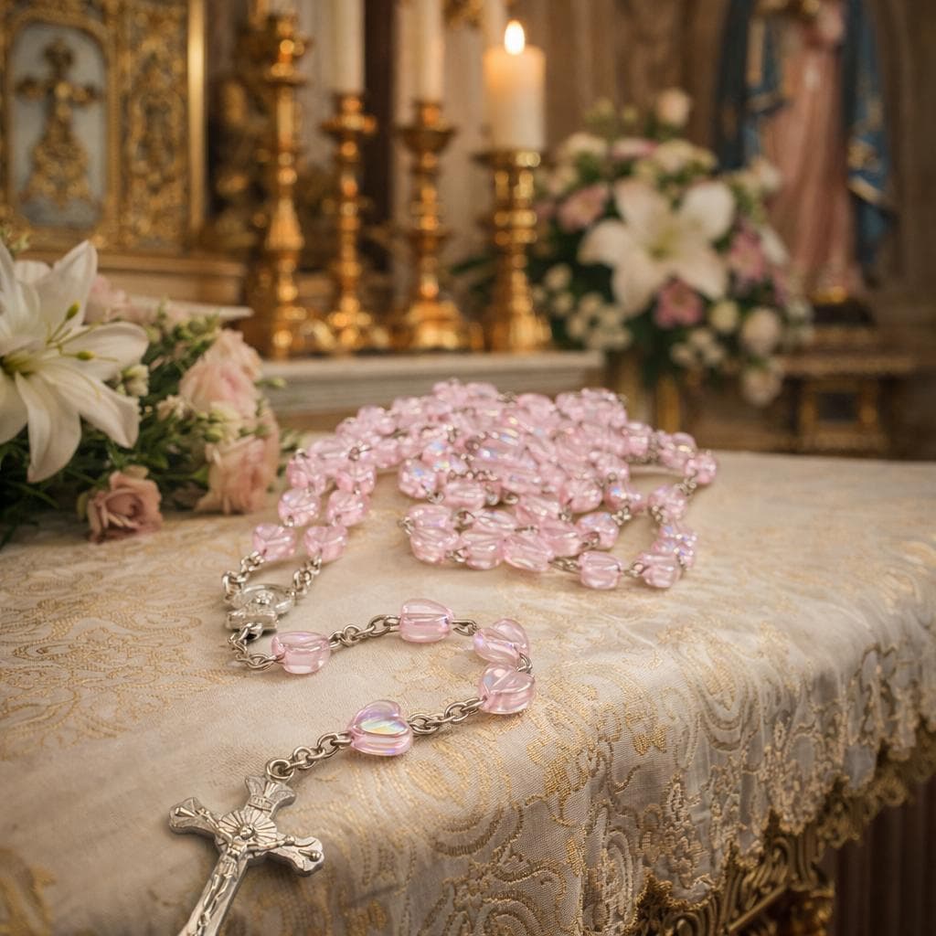 Terço Católico Batizado Crisma Primeira Comunhão Casamento Com Contas Em Coração