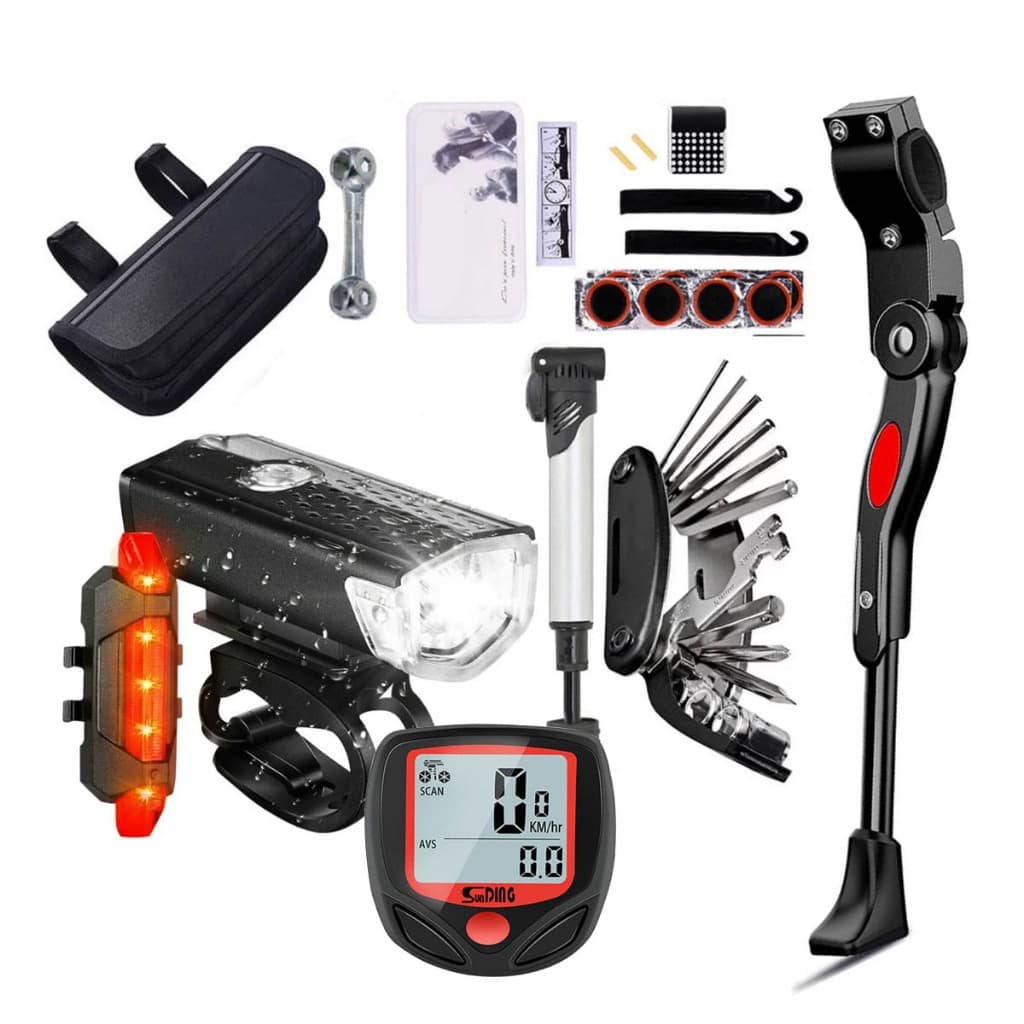 Farol Bike Luz Led + Sinalizador + Estojo de Ferramentas Bomba Pneu + Pezinho Lateral + Velocímetro