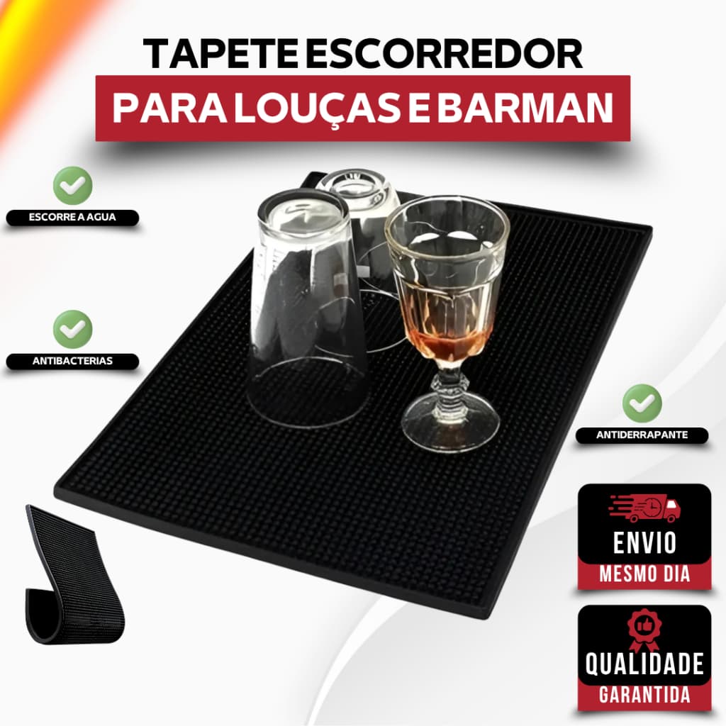Tapete Escorredor de Louça PVC 30x15cm Porta Copos Bar Bartender Antiderrapante Silicone Mesa Balcão