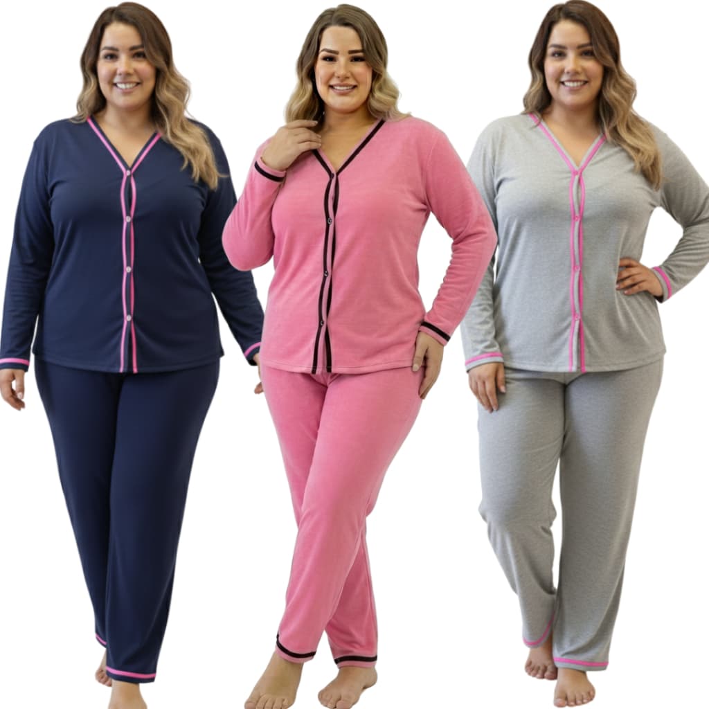 Pijama Longo Americano Plus Size com Botões / Pijama Inverno Amamentação Liso