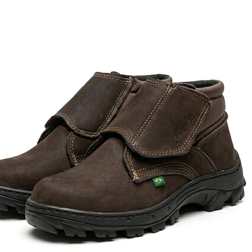 Botina Bota Profissional em Couro Legítimo com Velcro Reforçada e Confortável para Trabalho Resistente