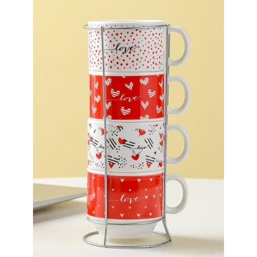 Conjunto com 4 canecas de cerâmica + 1 suporte de metal, 160ml - Vários modelos disponíveis