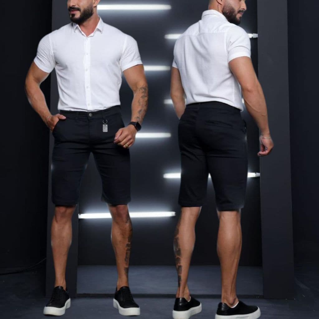 Bermuda Sarja Masculina de Brim Slim Bolso Embutido Bolso Faca Esporte Fino