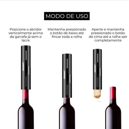 Abridor de Vinho Elétrico Automático com Função de Remoção Rápida de Cortiça