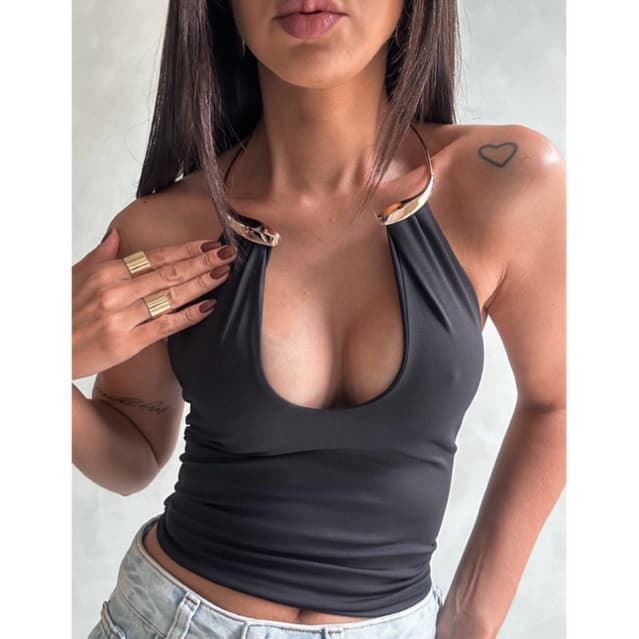 Top Cropped Feminino Decote V com Argola no Pescoço Suplex Blusa Estilo Colar Com Amarração Nas Costas Tendência Inverno
