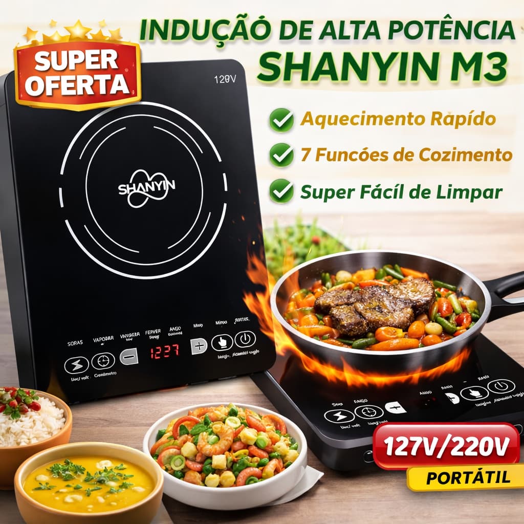 Fogão de Indução 1 Boca Portátil com Timer Touch 2000W Aquecimento Rápido 127V 220V