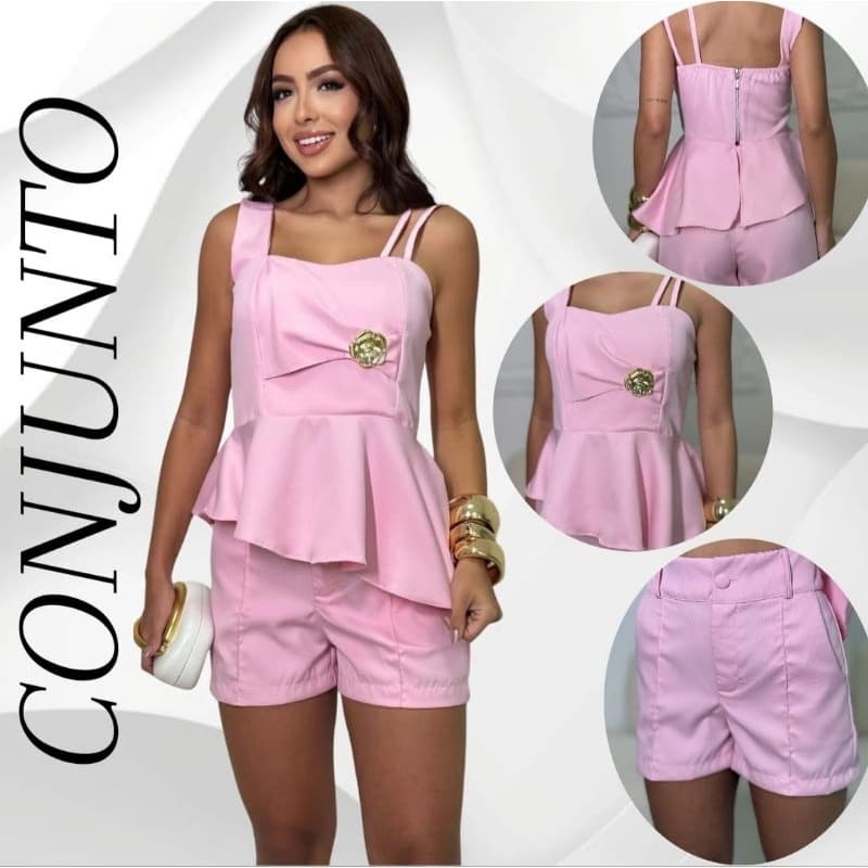 Conjunto ASSIMÉTRICO alfaiataria premiun short e Blusa c/ detalhe FLOR DOURADO elegante