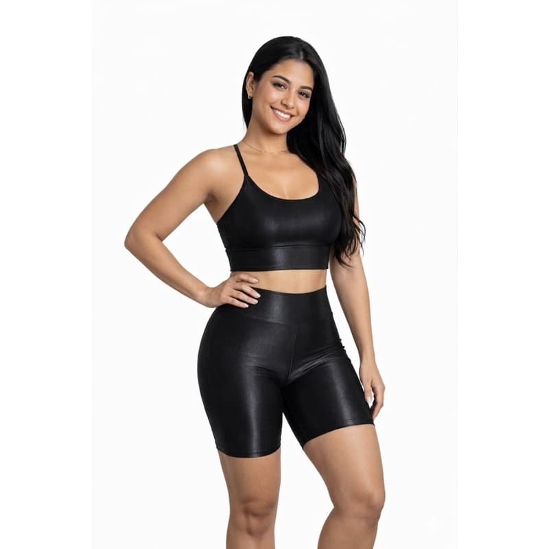 Conjunto Fitness Feminino Brilhoso Canelado | Short + Top Academia Cintura Alta | Conjunto Treino  zero transparência