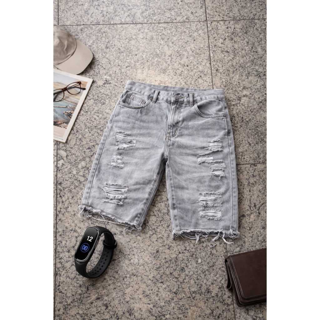 Shorts Jeans Modelo Jogador Rasgado Grafite + Relógio A Prova D'água M4 Digital Led