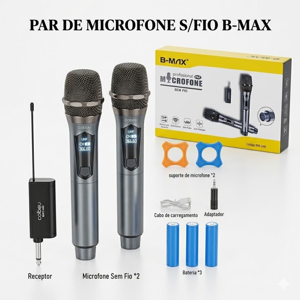 Par Microfone Sem Fio Profissional B-max Bm-248 com 3 bateria recarregavel funciona ate 30 metros de distancias