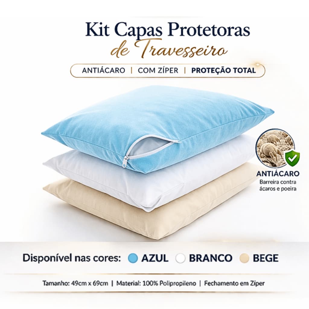 Capa Protetora de Travesseiro com Zíper Antiácaro 49x69cm Fronha Antialérgico Antimofo