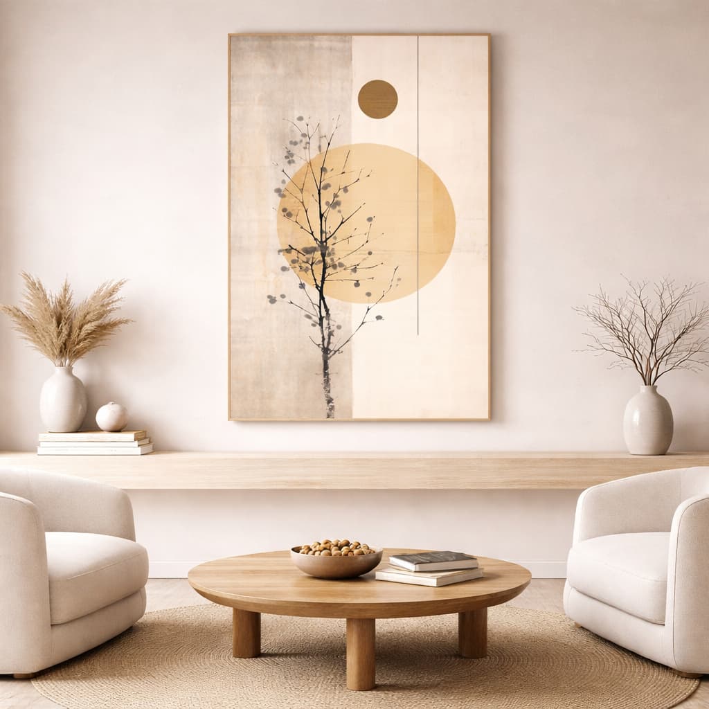 Quadro Decorativo Design Circular Bege e Galhos com Pintura Minimalista Serena Clean Luxousa
