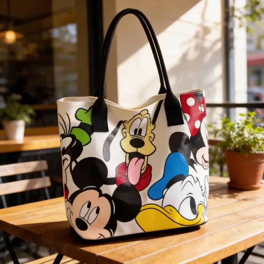 Bolsa de Ombro de Lona Grande e Versátil com Estampa do Mickey, Bolsa Casual para Mulheres, Bolsa de Estudante, escolar
