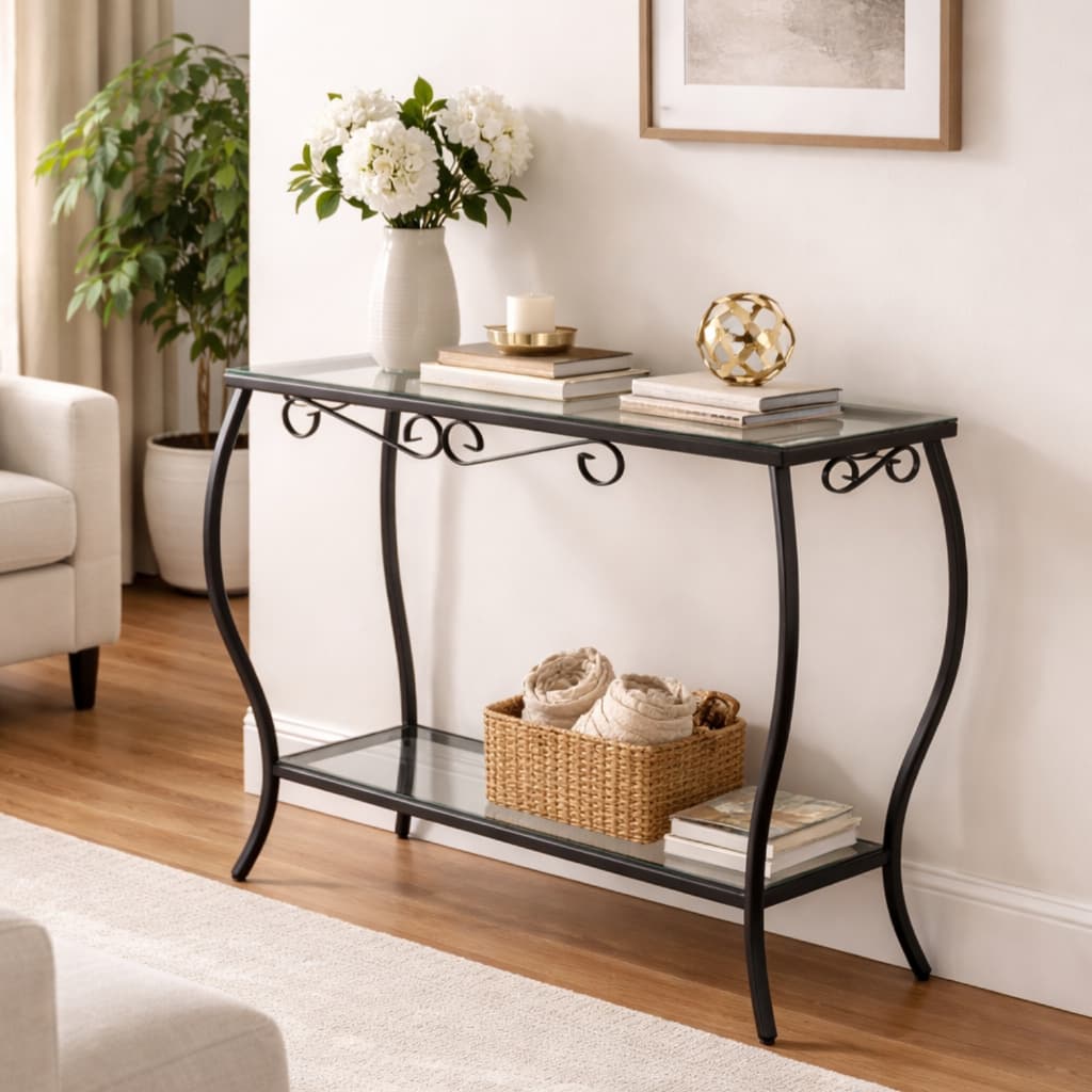 Mesa Aparador Prateleira 60x25 Vidro Duplo de Ferro 2 Andares Cantinho do Café Decoração Sala Móveis