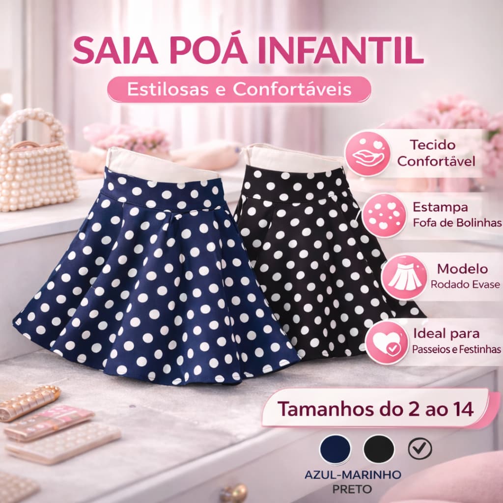 Saia Infantil Poá Bolinha Vintage Retrô Rodada Moda Festa Estilosa Confortável Criança