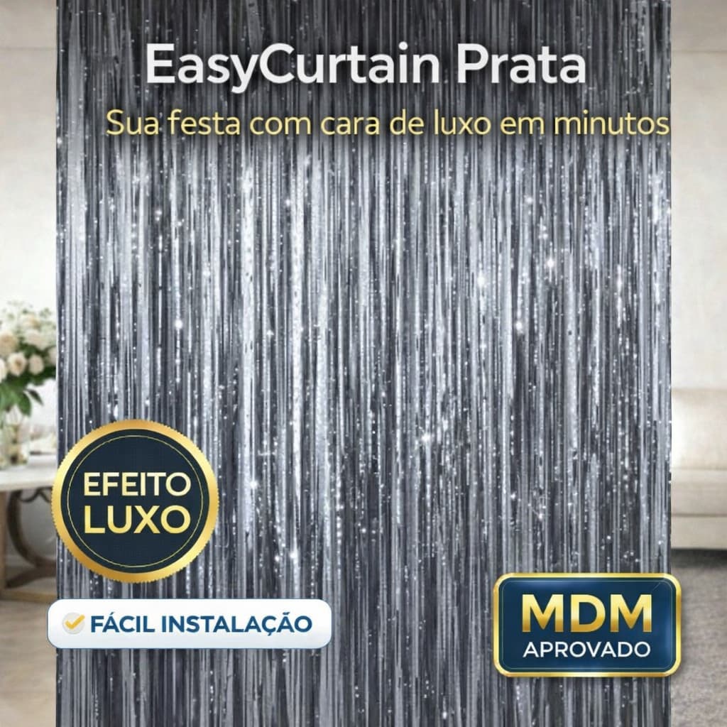 Cortina Metalizada EasyCurtain Prata 2x1m Decoração Festa Brilho Luxo Painel Fundo Fotográfico