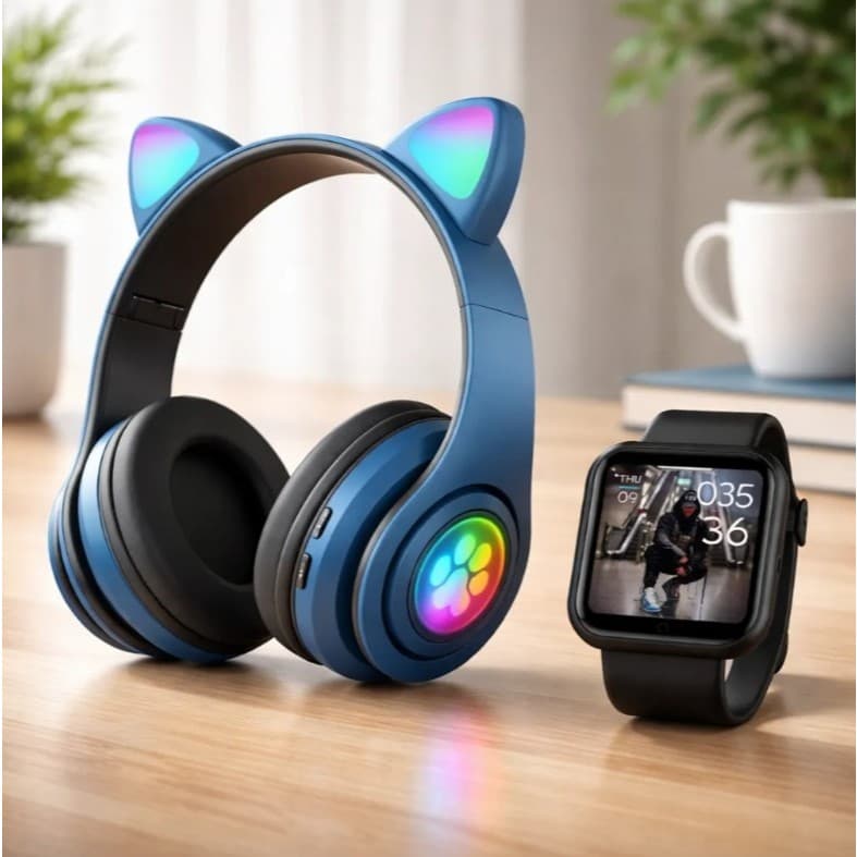 Kit Fone Gatinho com LED + Smartwatch D20 Bluetooth Presente Menina Menino