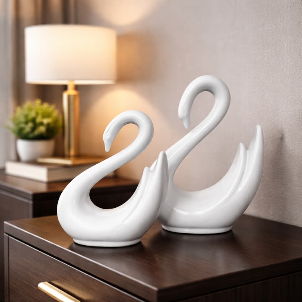 Decoração 2 Cisnes Cerâmica Enfeite Sala Rack Dupla Casal Luxo Estante Mesa Casa Decorativo