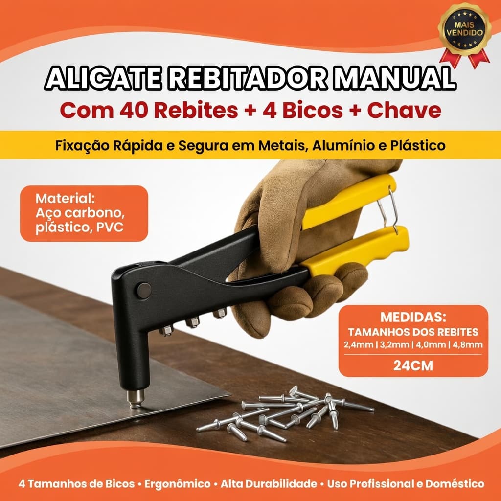 Rebitadeira Manual Profissional 4 Bicos Rebites + 40 Rebites Variados
