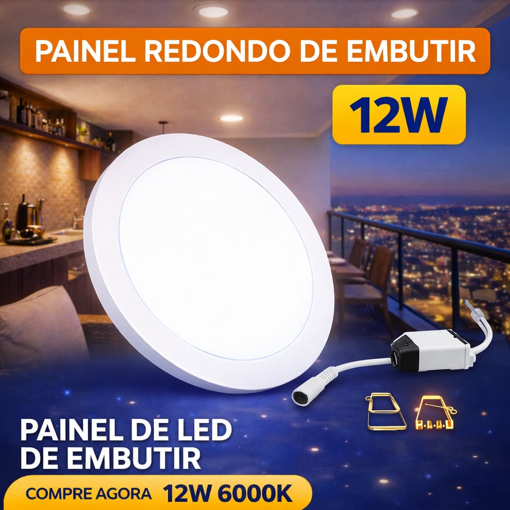 Painel Plafon Led Embutir 12w Redondo 22cm Branco Quente 3K