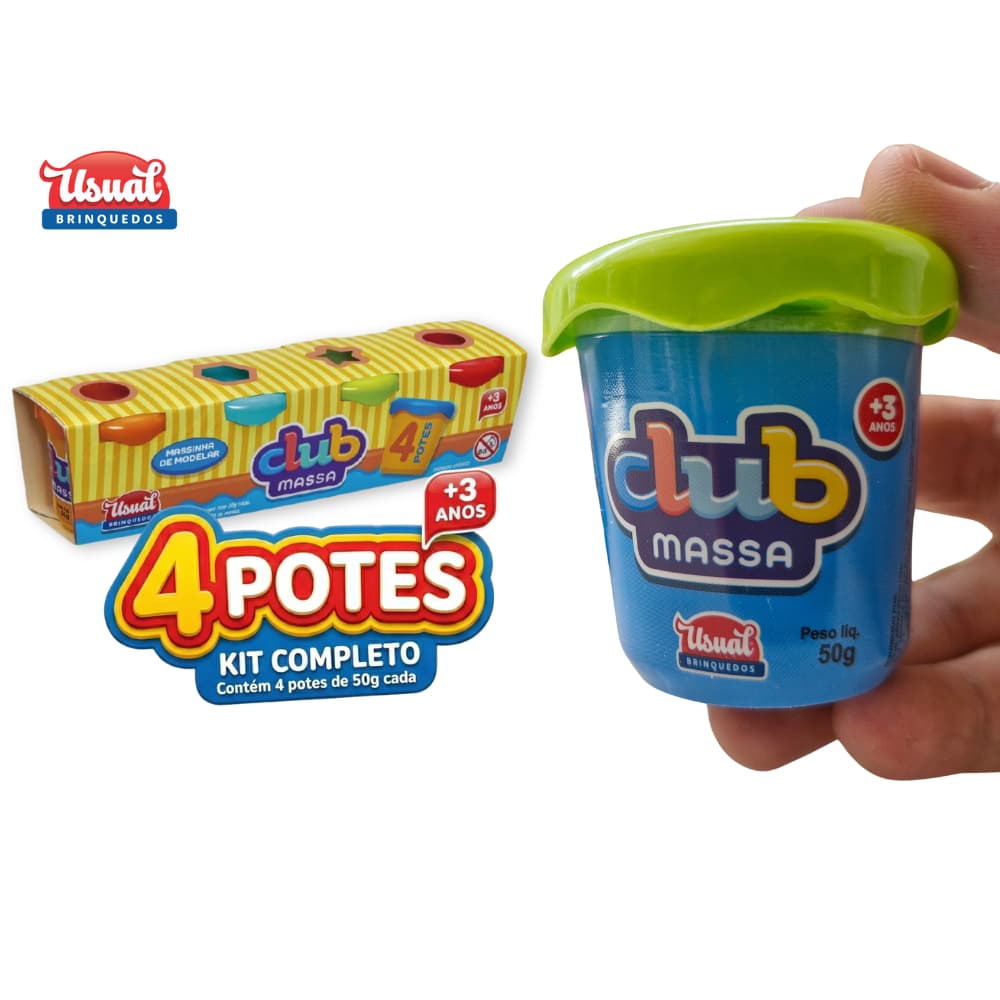 Massinha De Modelar Club Massa Kit 4 Potes Usual Brinquedos Original Atóxica Macia Infantil Presente Menino Menina