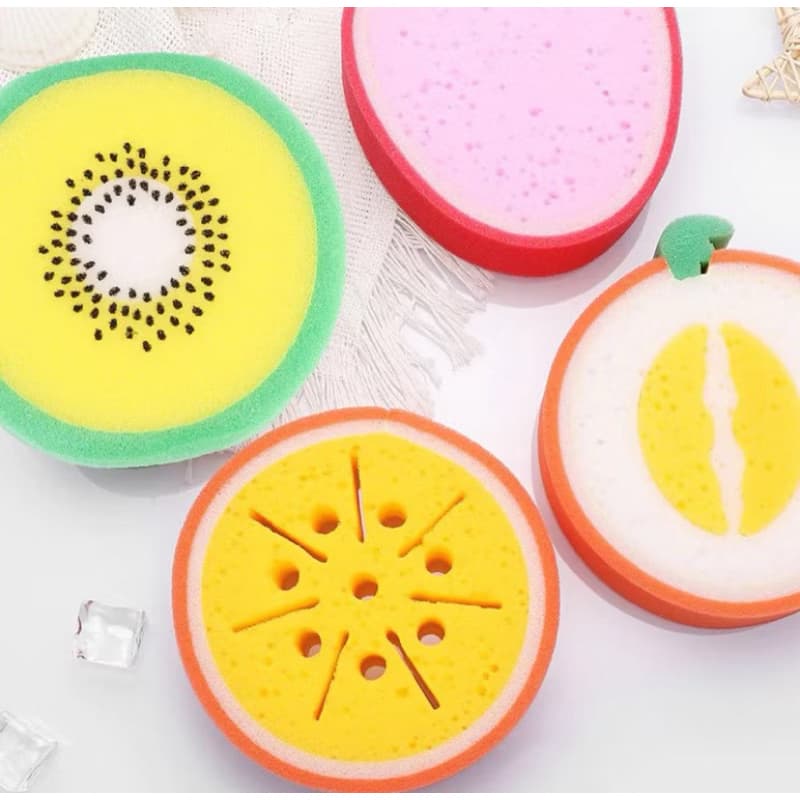Kit com 4 Esponja Multiuso Frutas 🍋 Bucha de Banho + Limpeza Cozinha Louça Pia Macia Não Risca