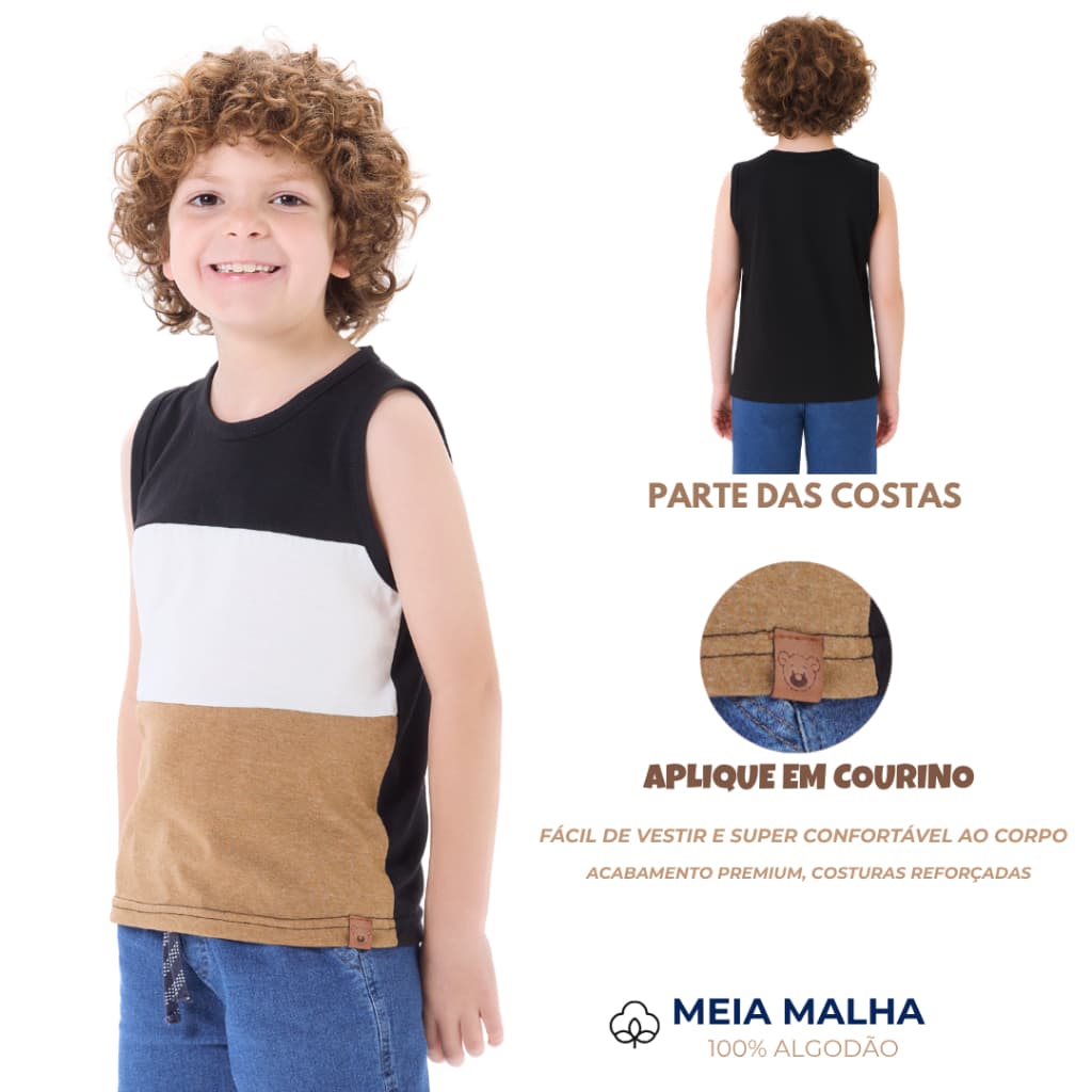 Regata Infantil Menino em Meia Malha com Recorte e Aplique 2 ao 10 anos