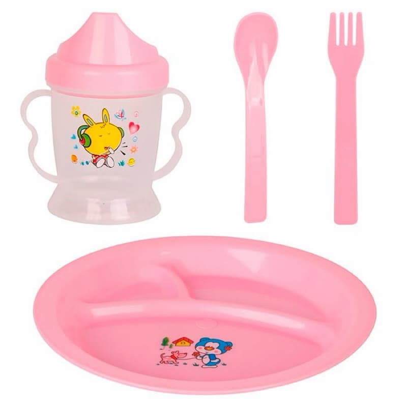 Kit Refeição Infantil 4 Peças Prato Com Divisoria Copo Garfo Colher Plástico Crianças Escola Viagens Passei