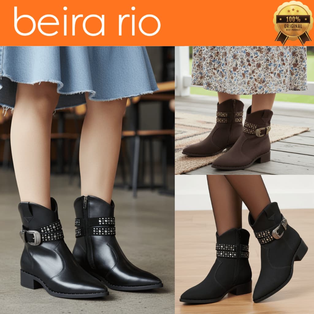Bota Feminina Beira Rio Cano Médio Fivela Bico Fino Salto Baixo Confortável Original 9091202