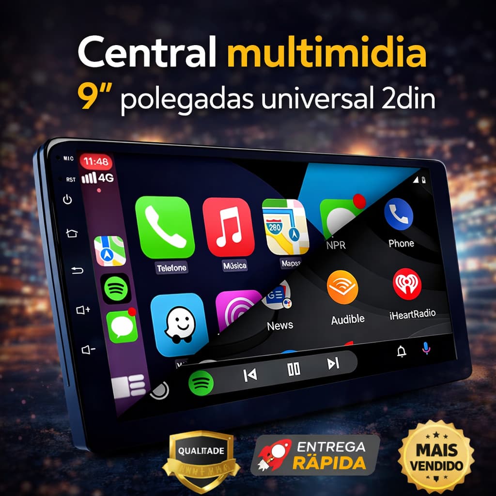 Central Multimídia 9” Android 15 / 2+32GB CarPlay + Android Auto Sem Fio GPS Wi-Fi Bluetooth 2 Din