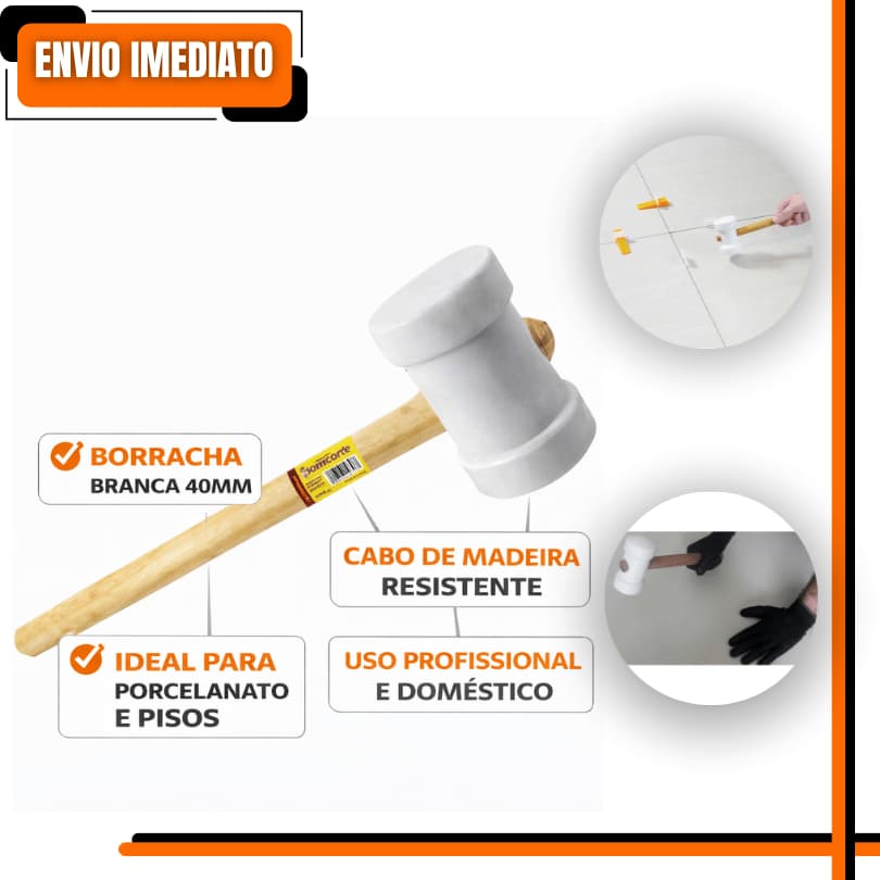 MARTELO DE BORRACHA BRANCO 40MM BOMCORTE PROFISSIONAL ASSENTAMENTO PISOS PORCELANATO SEM DANIFICAR
