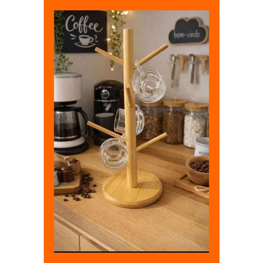 Xícaras de Vidro 3 peças 80ml + Suporte de Bambu para Xícaras | Porta Xícaras Cantinho do Café Decorativo