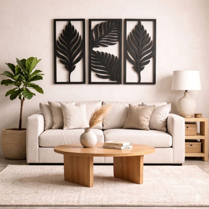 Trio de Quadros Folhas em MDF Preto Fosco Decoração
