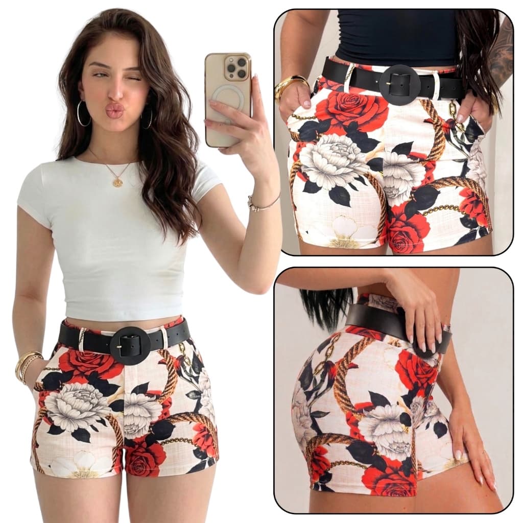 Short Bermuda Cintura Alta Com Cinto e Elastano Modela Bumbum Estampado Elegante Para Passeio Festa